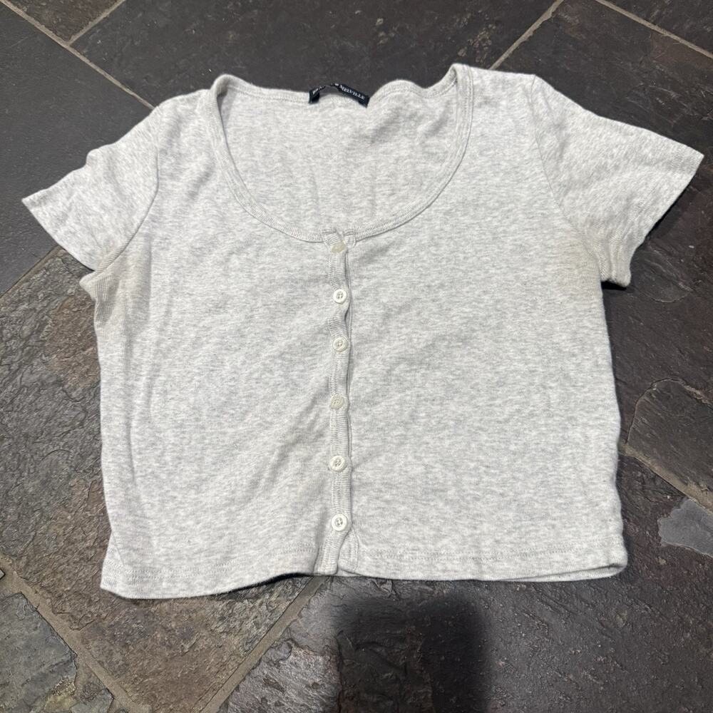 Brandy Melville Button-Front Heather Grey Cotton Cropped Short Sleeve Top Tshirt